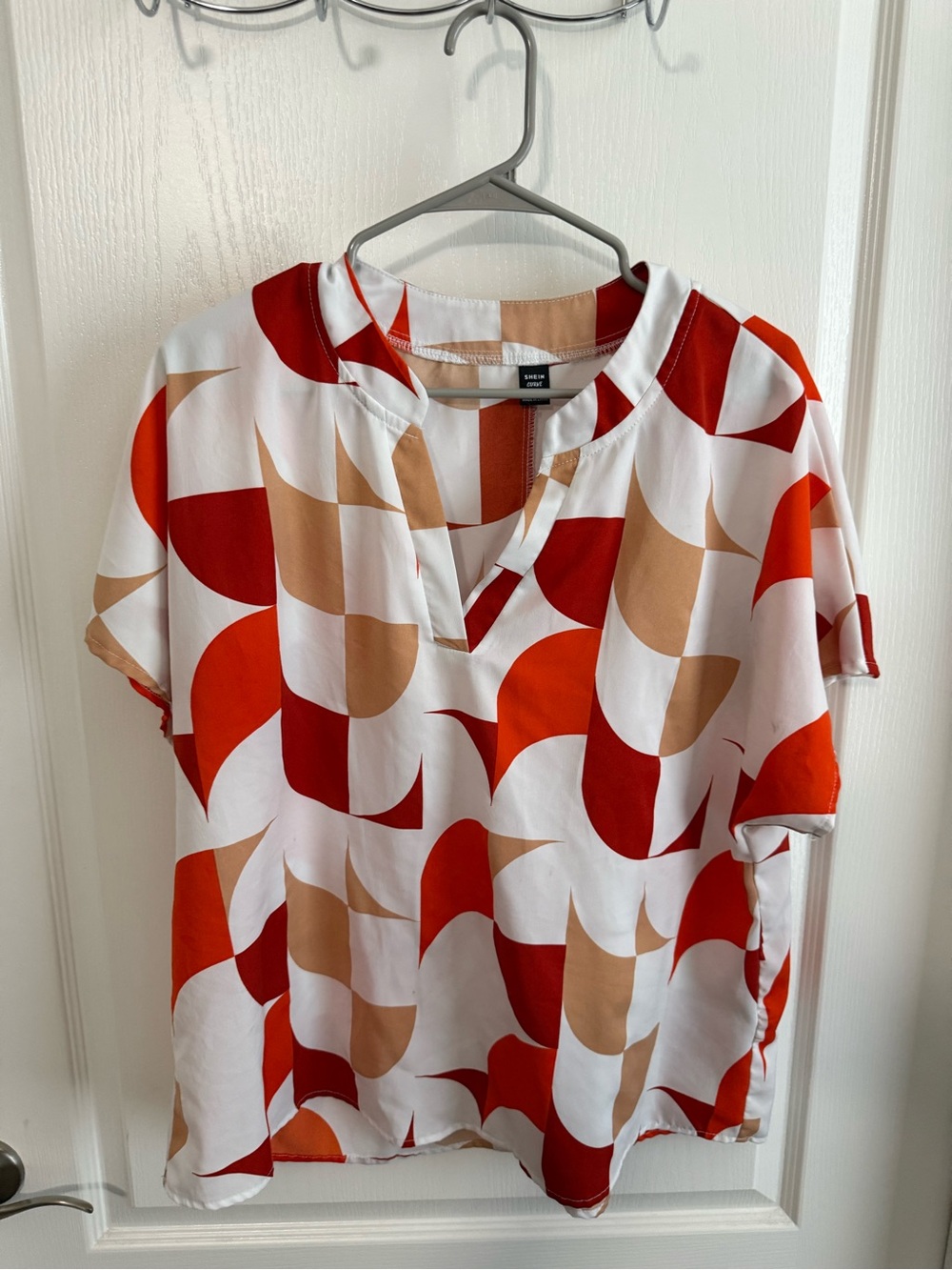 SHEIN White Blouse with Red and Tan Abstract Print